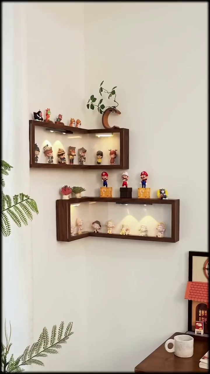 Modern Floating Corner Wall Shelves with LED Display – Stylish Storage & Decor Solution