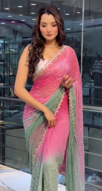 Elegant Ombre Designer Saree – Graceful Pink to Mint Green Beauty