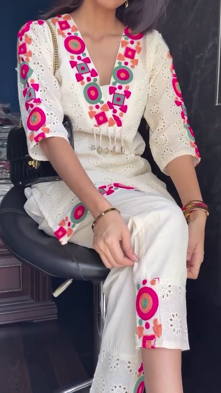 Elegant White Chikankari Kurti with Colorful Embroidered Neckline