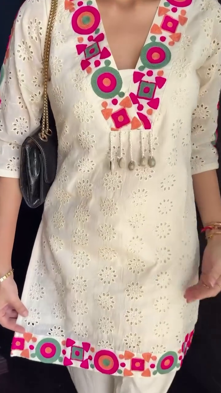 Elegant White Chikankari Kurti with Colorful Embroidered Neckline
