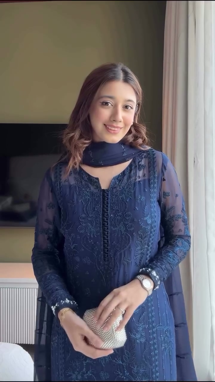 Navy Blue Embroidered Suit Set – Elegant Sheer Sleeves & Premium Detailing