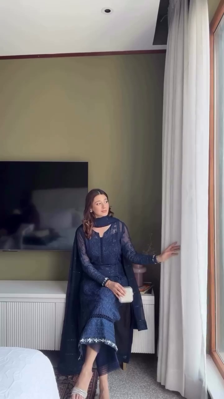 Navy Blue Embroidered Suit Set – Elegant Sheer Sleeves & Premium Detailing