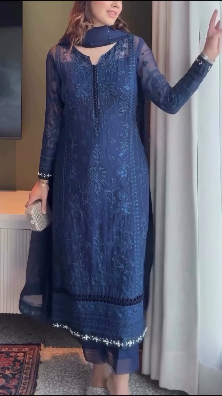 Navy Blue Embroidered Suit Set – Elegant Sheer Sleeves & Premium Detailing