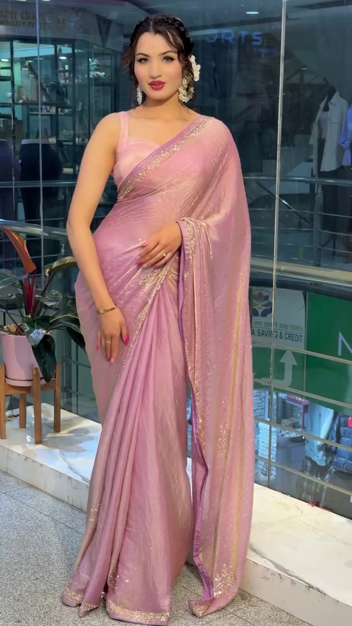 Dusty Pink Shimmer Saree – Elegant Drape with Subtle Gold Border