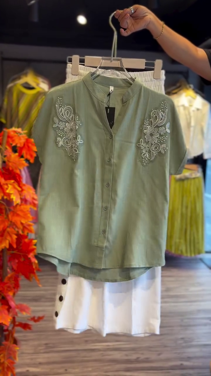 Sage Green Embroidered Top & White Pants Set – Elegant Casual Co-Ord