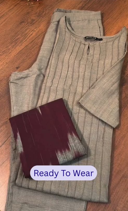 Ready-to-Wear Kurta Set – Textured Grey Kurta with Matching Bottom & Dupatta