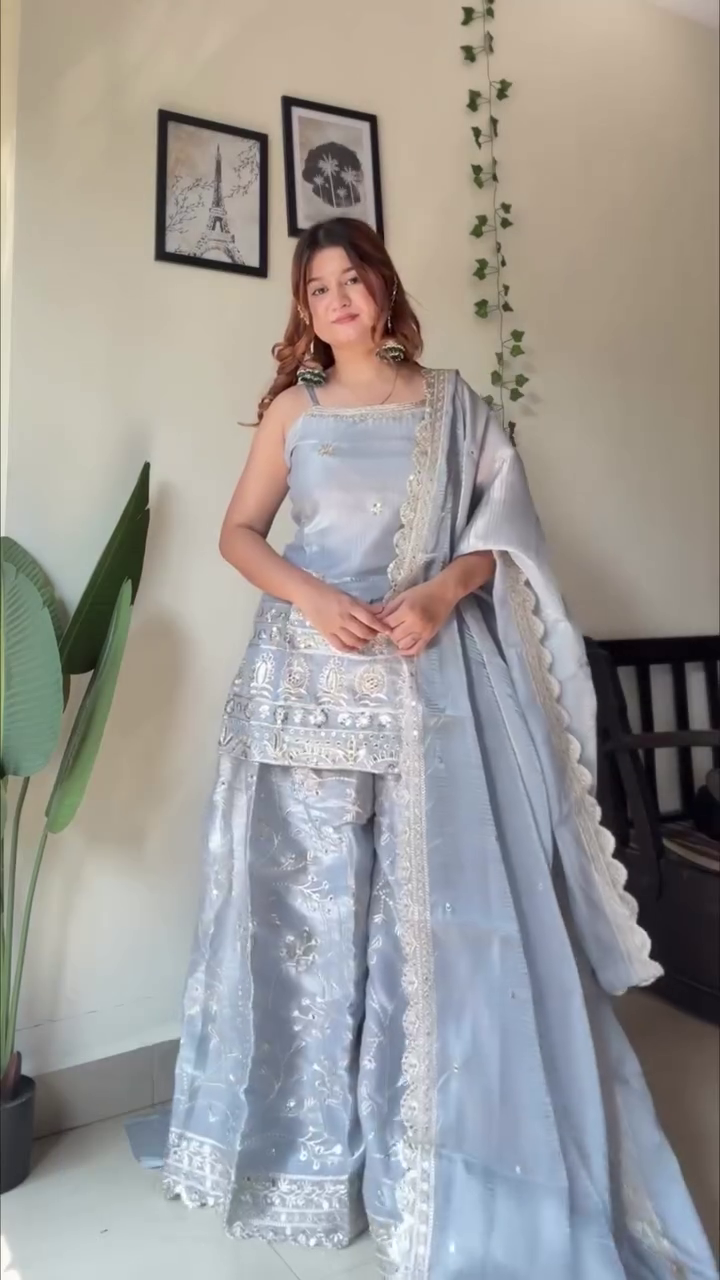 Exquisite Designer Organza Embroidered Sharara Suit with Dupatta – Perfect Festive Elegance for Women