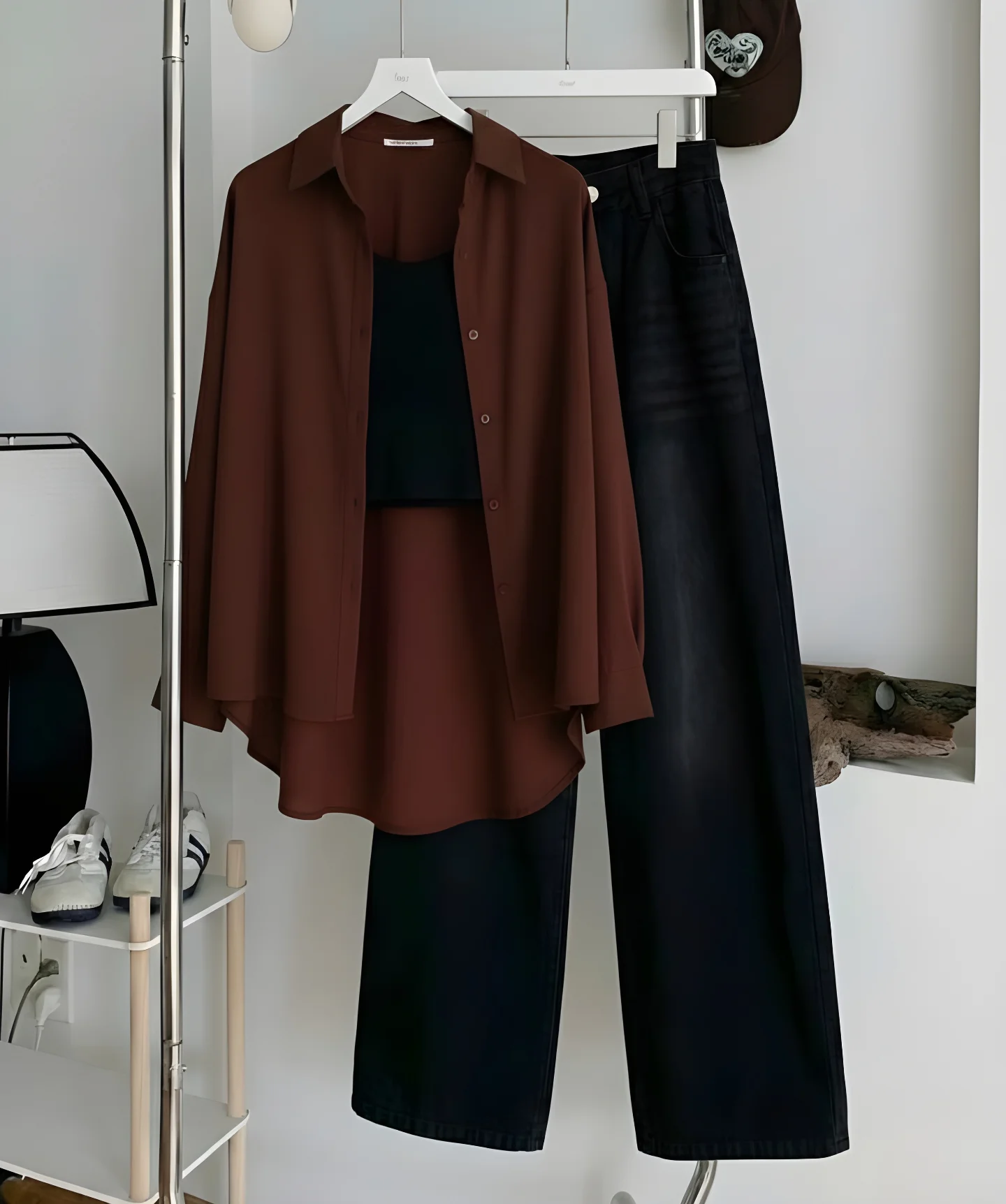 Effortless Casual Chic: Maroon Button-Down Shirt with Black Inner Top & Wide-Leg Jeans