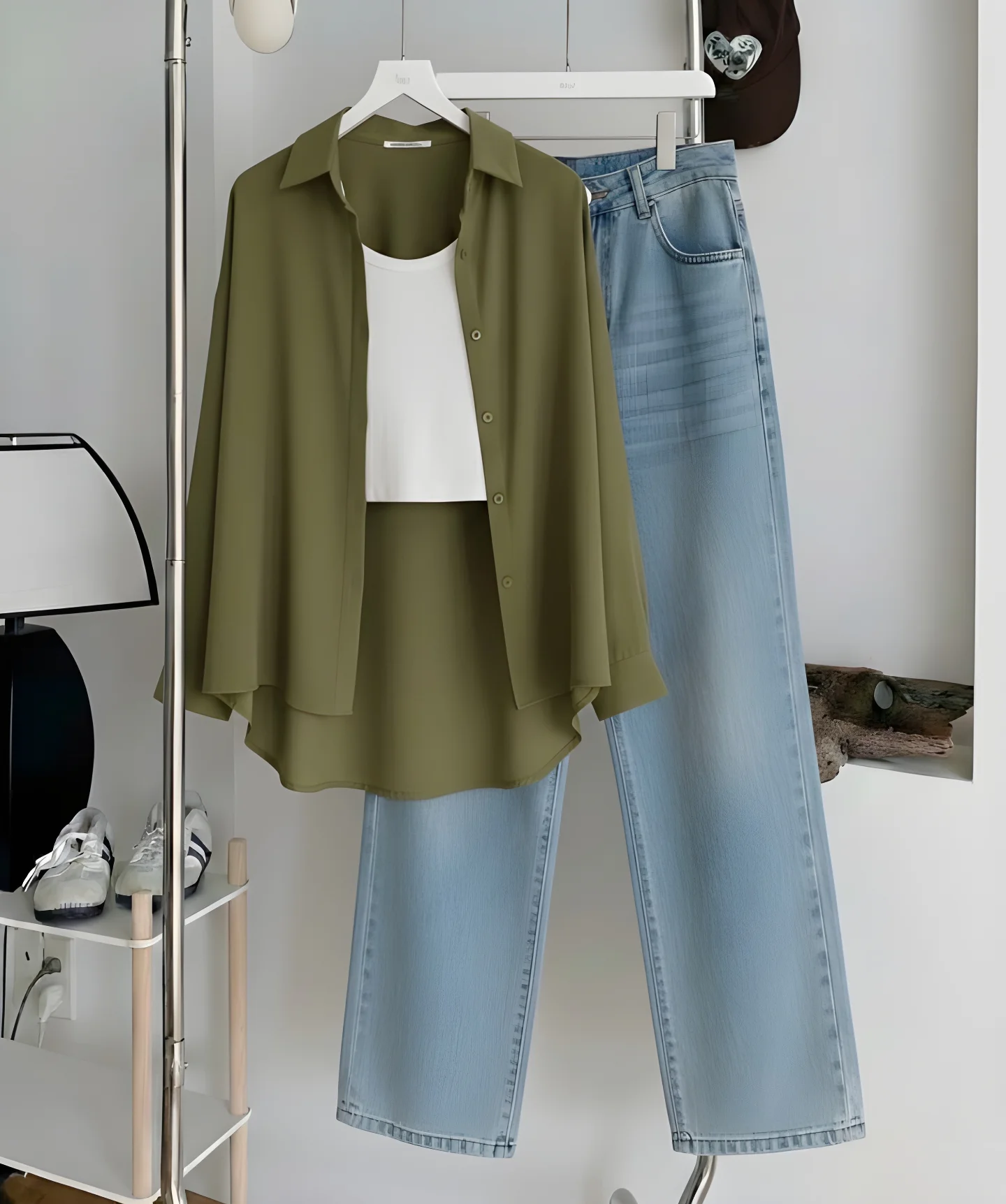 Effortless Casual Chic: Maroon Button-Down Shirt with Black Inner Top & Wide-Leg Jeans