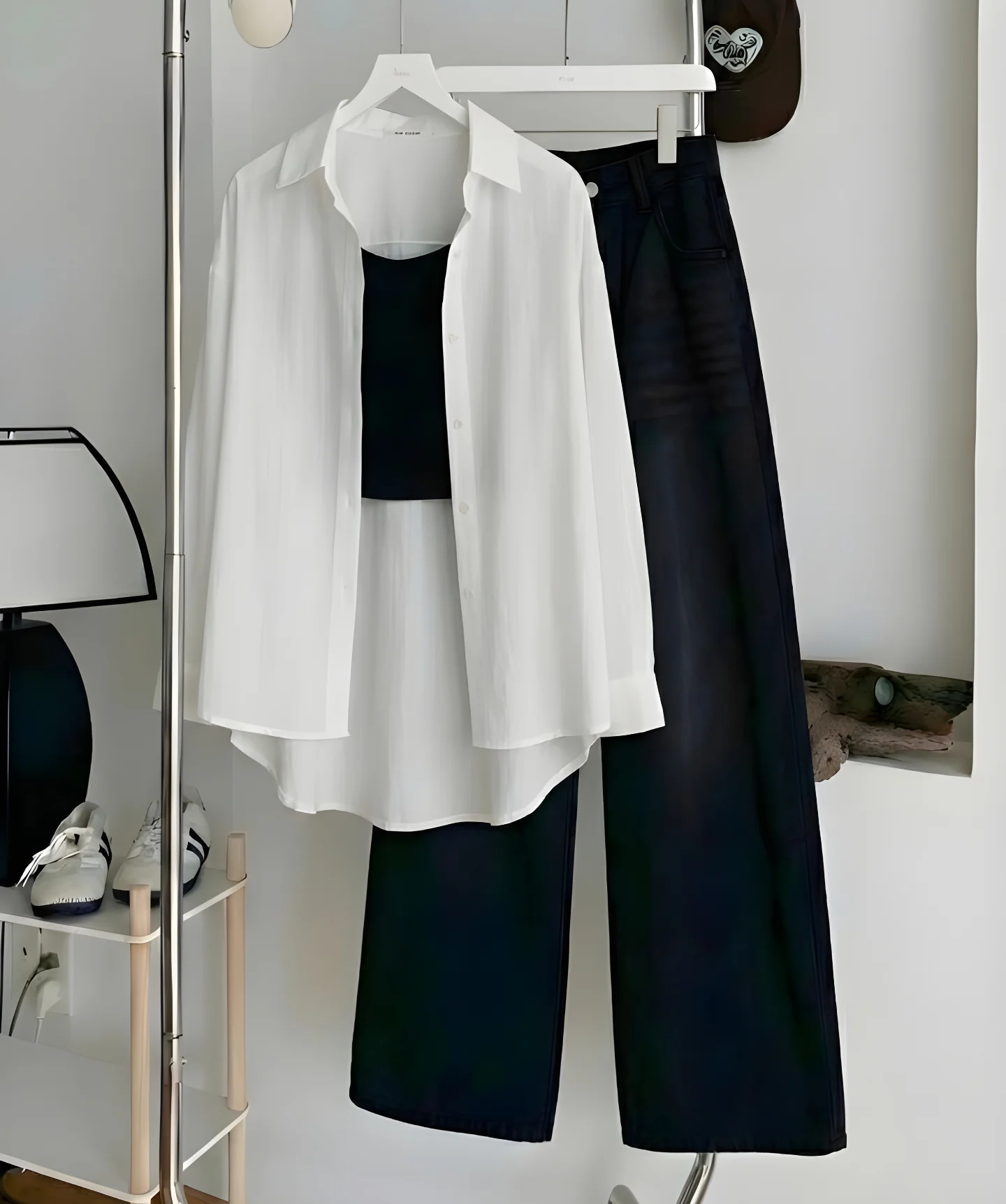 Effortless Casual Chic: Maroon Button-Down Shirt with Black Inner Top & Wide-Leg Jeans