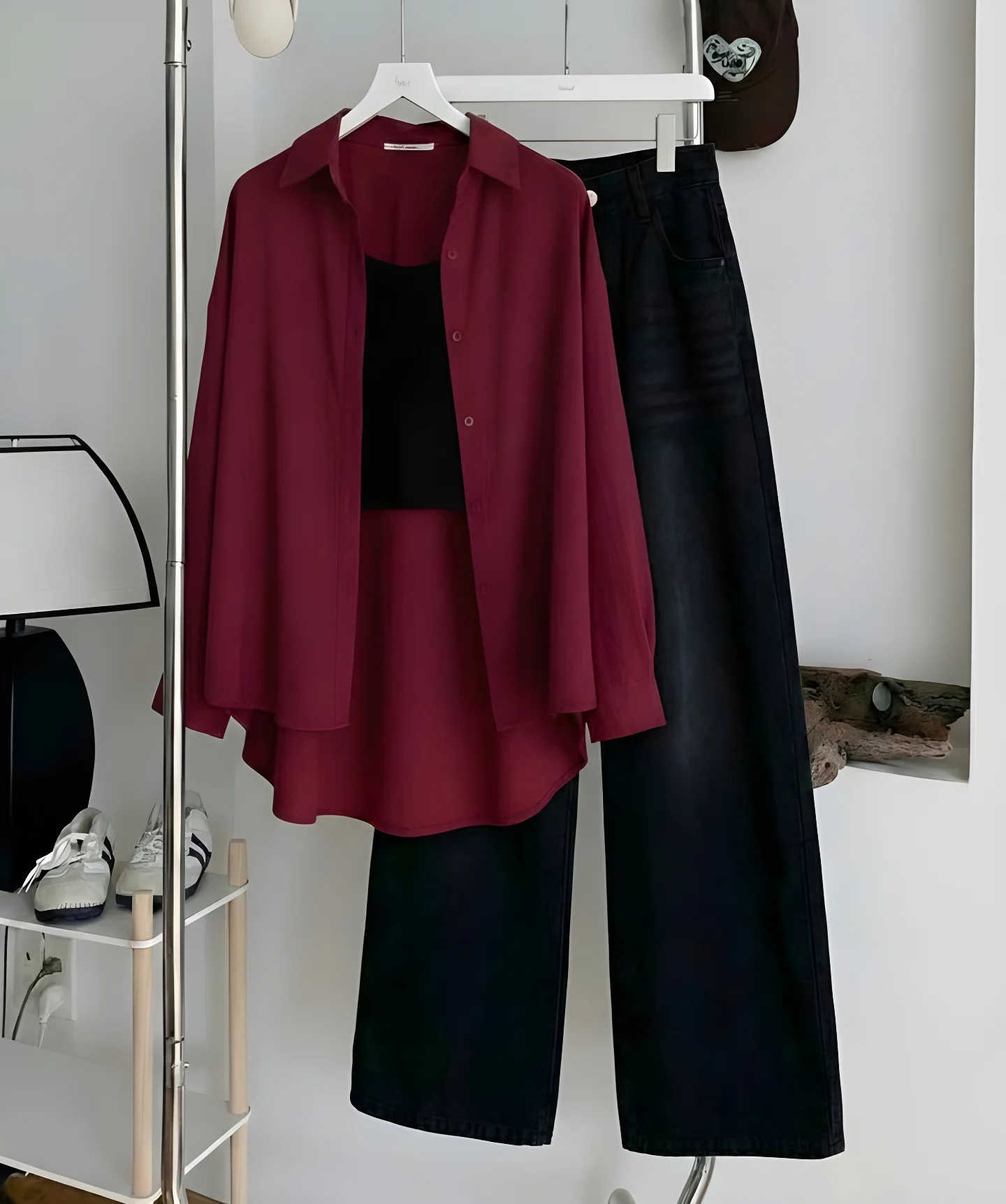 Effortless Casual Chic: Maroon Button-Down Shirt with Black Inner Top & Wide-Leg Jeans