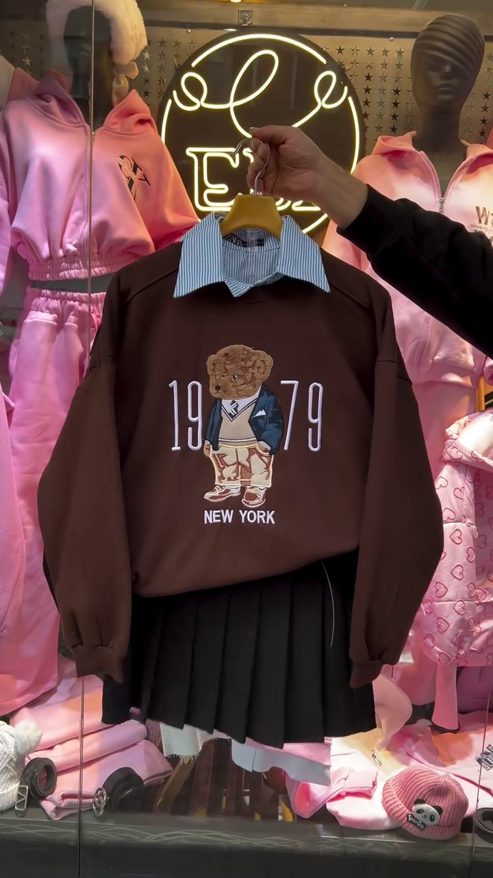 Brown Oversized Teddy Bear Embroidered Sweatshirt & Skirt Set – Cozy, Chic, and Playfully Stylish