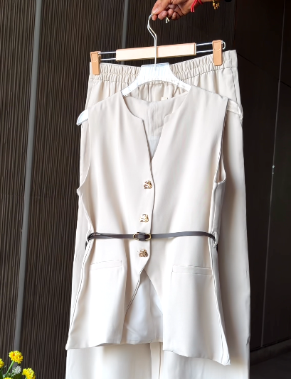 Cream Sleeveless Waistcoat Top with Trouser Combo – Sophisticated Minimalism for Modern Style