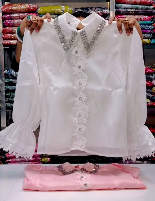“Ethereal Elegance: White Lace Organza Designer Shirt with Decorative Detailing”