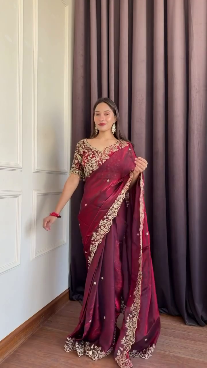 “Grace in Bloom: Exquisite Floral Embroidered Saree with Matching Blouse”