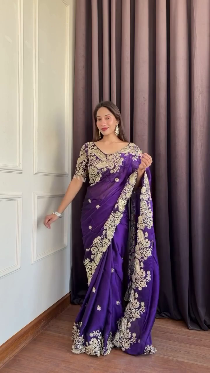 “Grace in Bloom: Exquisite Floral Embroidered Saree with Matching Blouse”