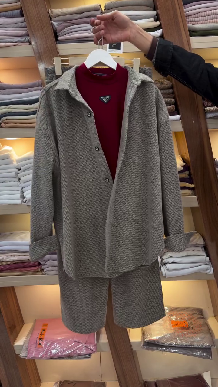 🩶 Urban Texture: Grey Layered Shirt & Trouser Set