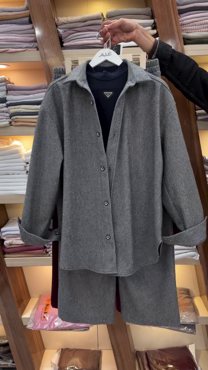 🩶 Urban Texture: Grey Layered Shirt & Trouser Set