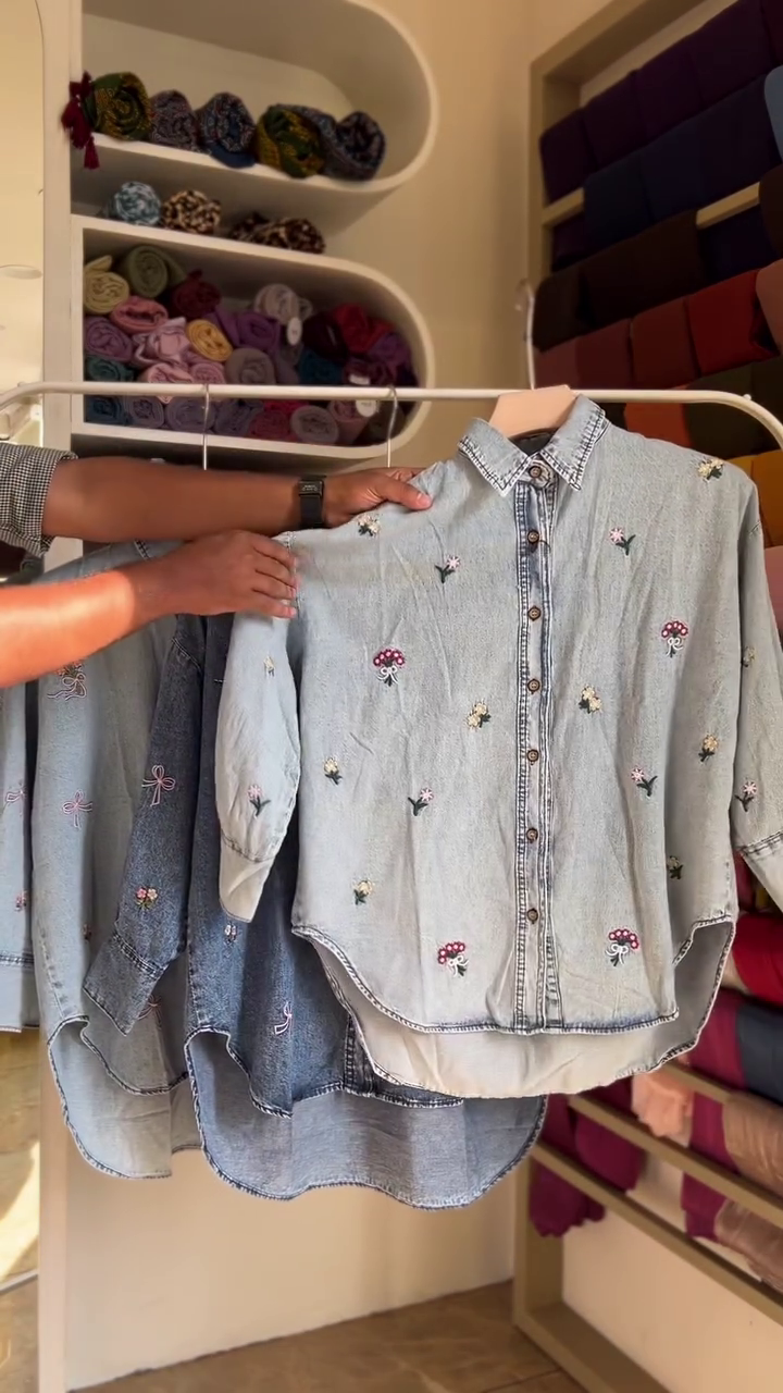 🌸 Denim Bloom: Embroidered Button-Down Shirt