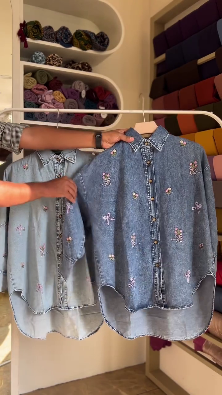 🌸 Denim Bloom: Embroidered Button-Down Shirt