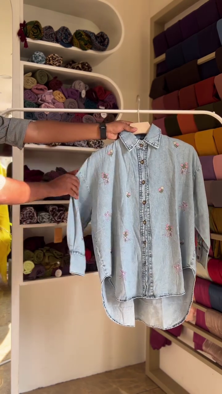 🌸 Denim Bloom: Embroidered Button-Down Shirt