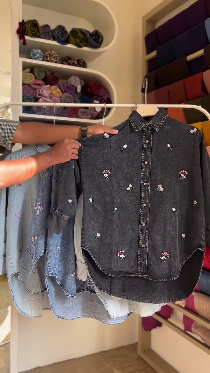 🌸 Denim Bloom: Embroidered Button-Down Shirt