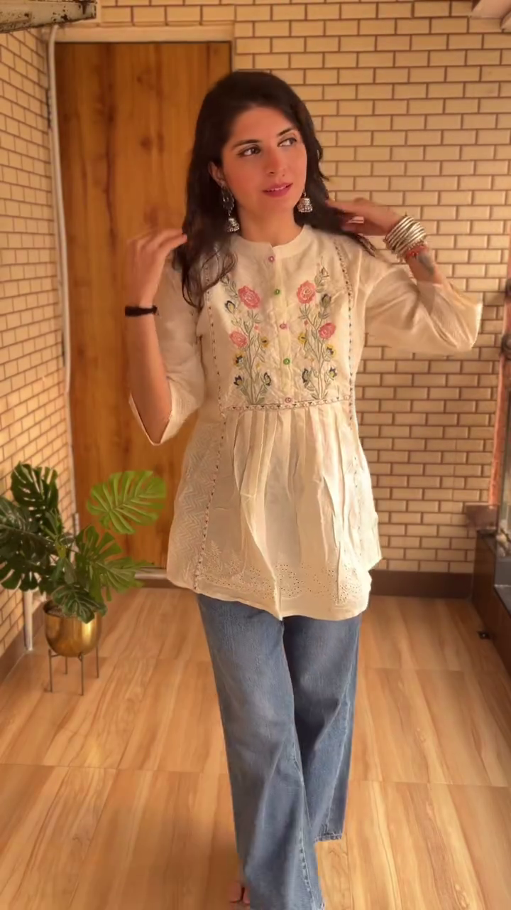 🌿 Ivory Garden: Embroidered Peplum Kurti