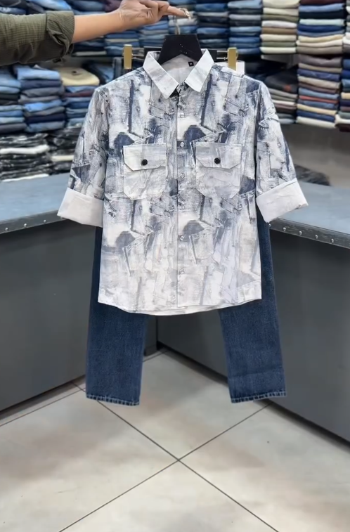 🤍 Urban Wash: Printed Utility Shirt & Denim Set