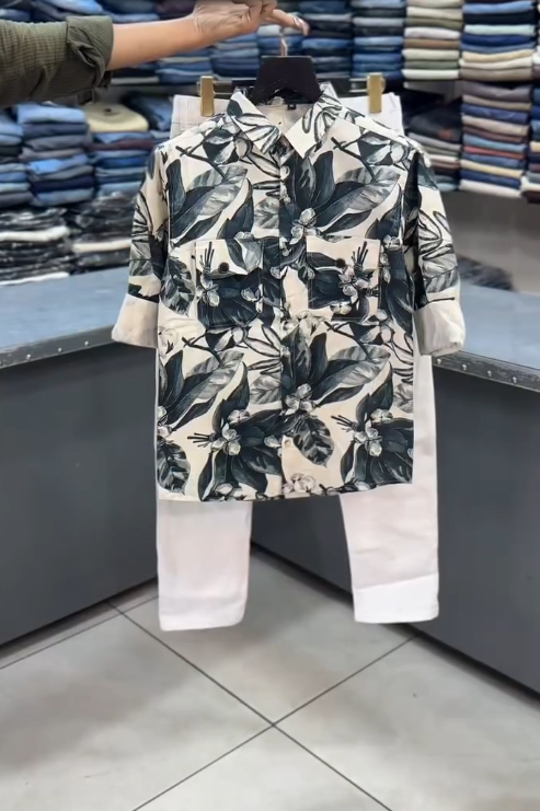 🤍 Urban Wash: Printed Utility Shirt & Denim Set