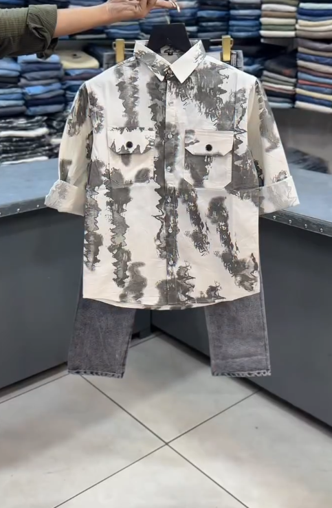 🤍 Urban Wash: Printed Utility Shirt & Denim Set