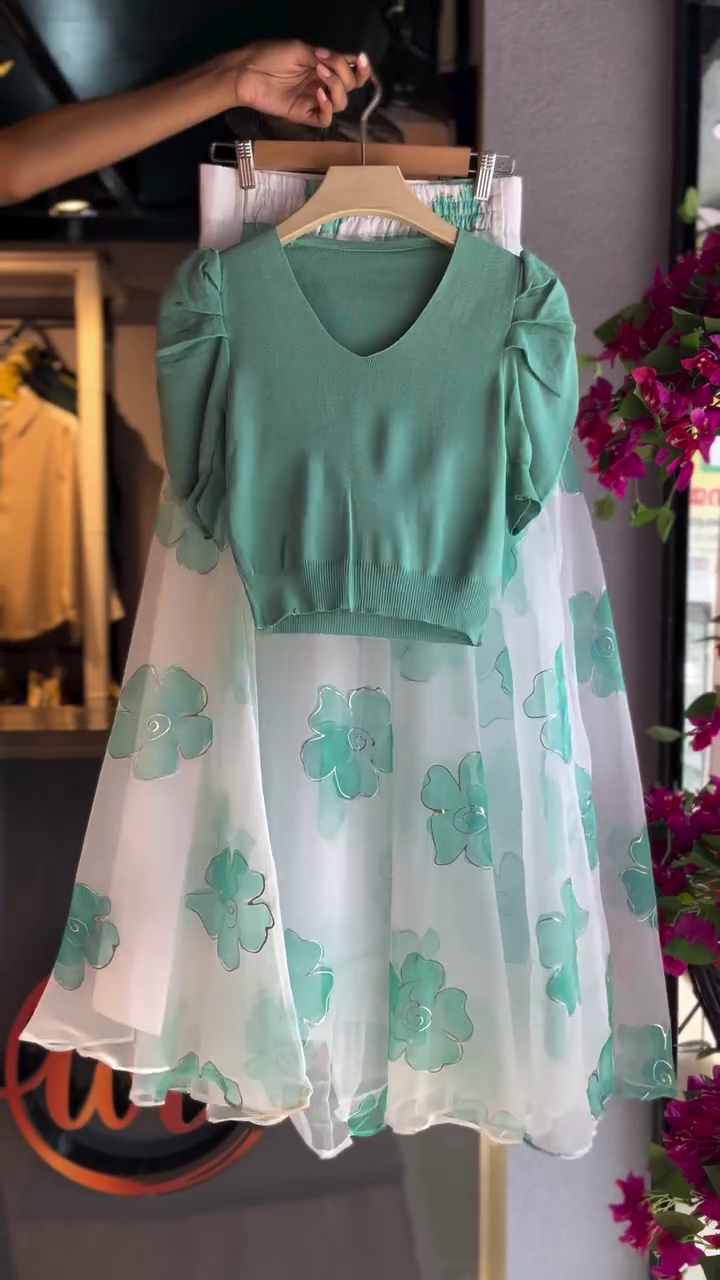 Mint Green Floral Skirt Set – Soft Knit Top with Flowy Organza Elegance