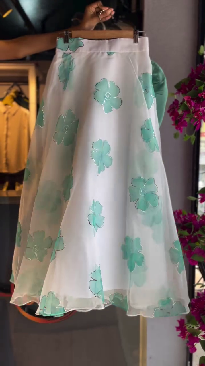 Mint Green Floral Skirt Set – Soft Knit Top with Flowy Organza Elegance
