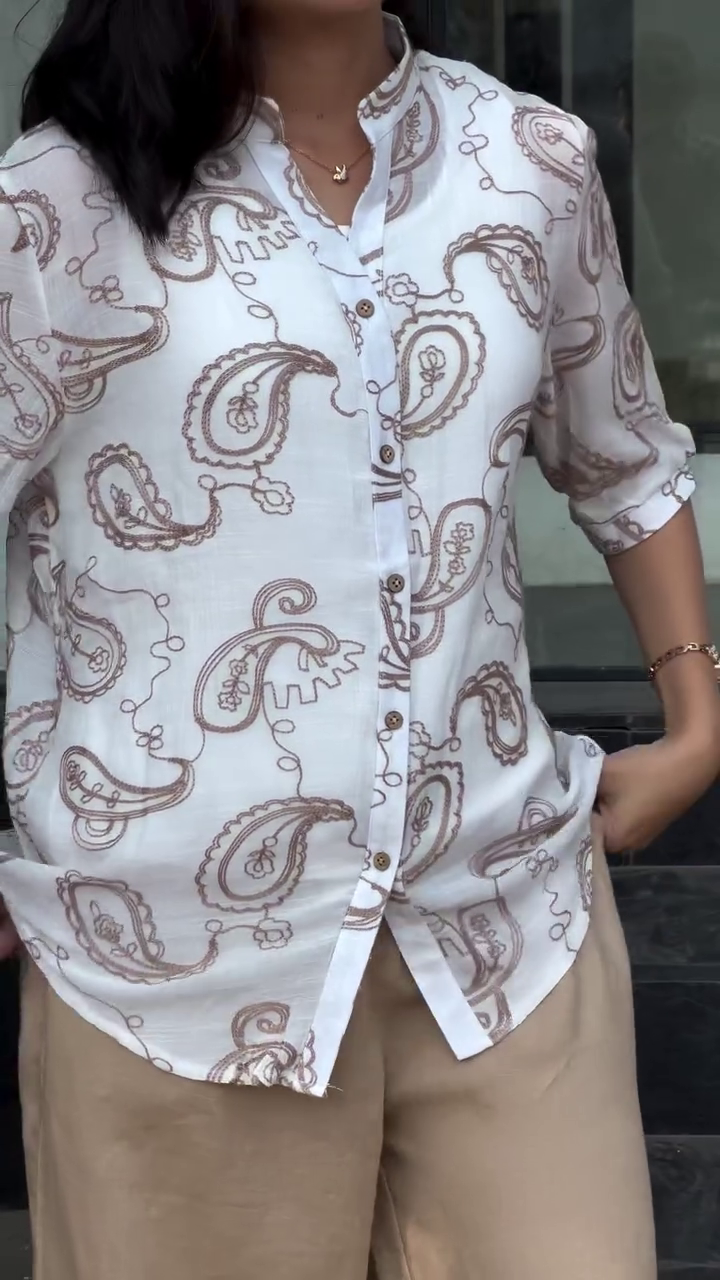 Classic White Paisley Printed Shirt – Timeless Neutral Elegance for Everyday Sophistication