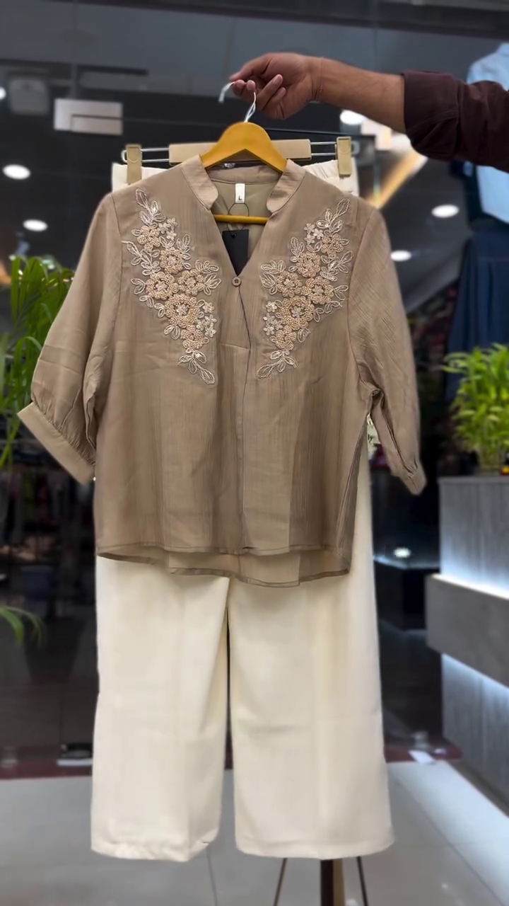 Elegant Taupe Embroidered Top with Ivory Wide-Leg Pants – Minimal Luxury, Maximum Grace