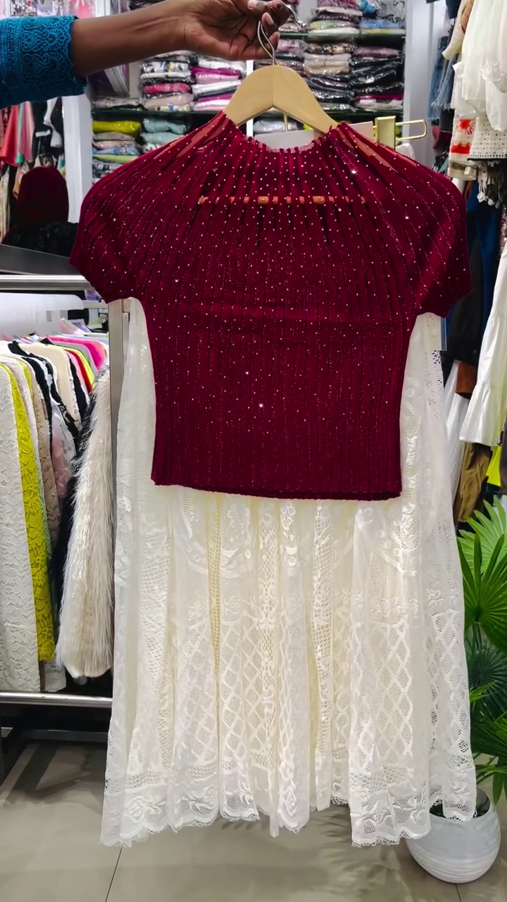 Glam Burgundy Sparkle Top with Elegant White Lace Skirt – Festive Chic with Modern Romance