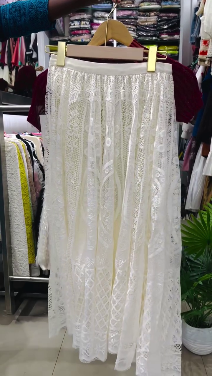 Glam Burgundy Sparkle Top with Elegant White Lace Skirt – Festive Chic with Modern Romance