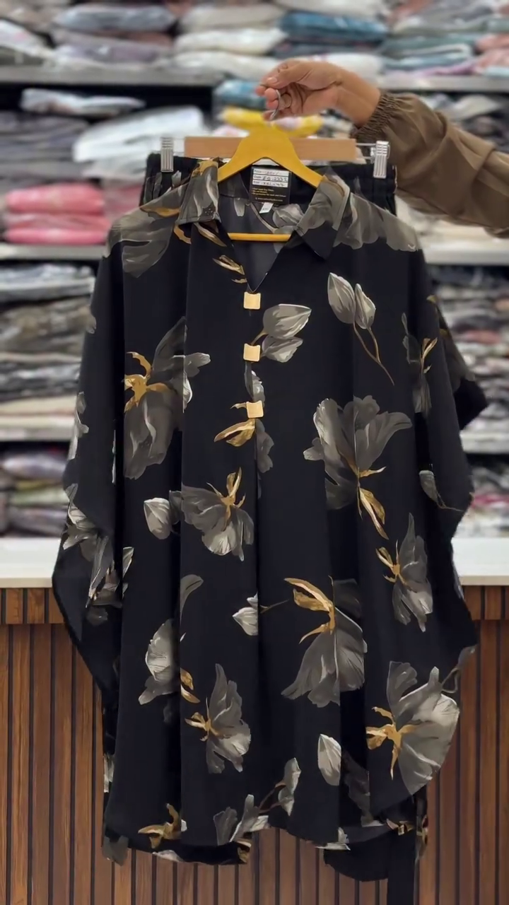 Elegant Black Floral Co-Ord Set – Statement Cape Style with Luxe Gold Accents