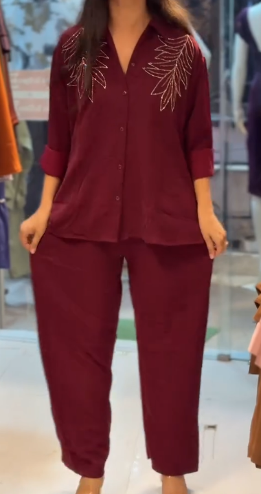 Rich Maroon Embroidered Co-Ord Set – Elegant Statement Style with Modern Comfort