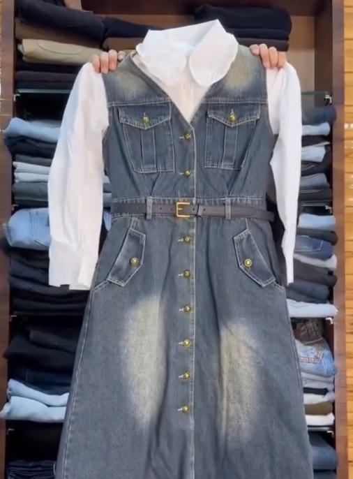 Chic Layered Denim Midi Dress with White Shirt – Smart Casual Style with Timeless Appeal