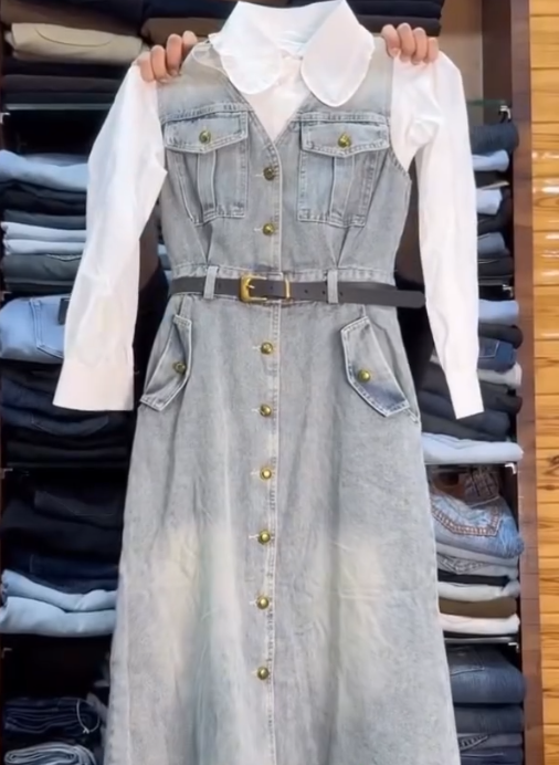 Chic Layered Denim Midi Dress with White Shirt – Smart Casual Style with Timeless Appeal