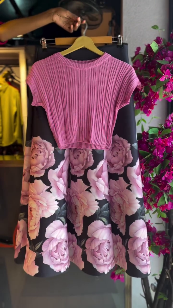 Romantic Rose Print Skirt Set with Ribbed Pink Top – Elegant, Feminine & Statement-Making