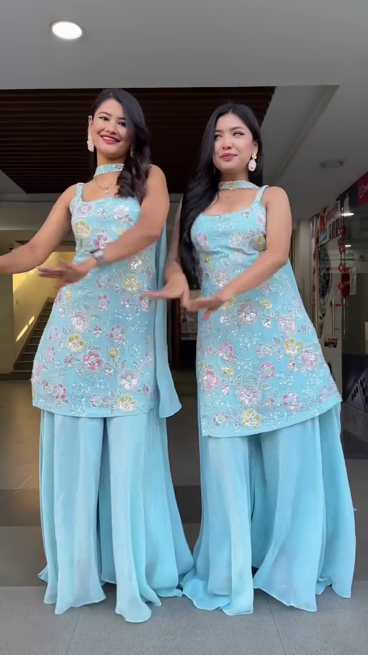 Elegant Sky Blue Embroidered Sharara Set – Graceful Festive Glamour