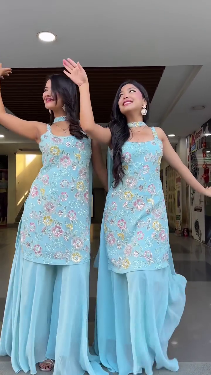 Elegant Sky Blue Embroidered Sharara Set – Graceful Festive Glamour