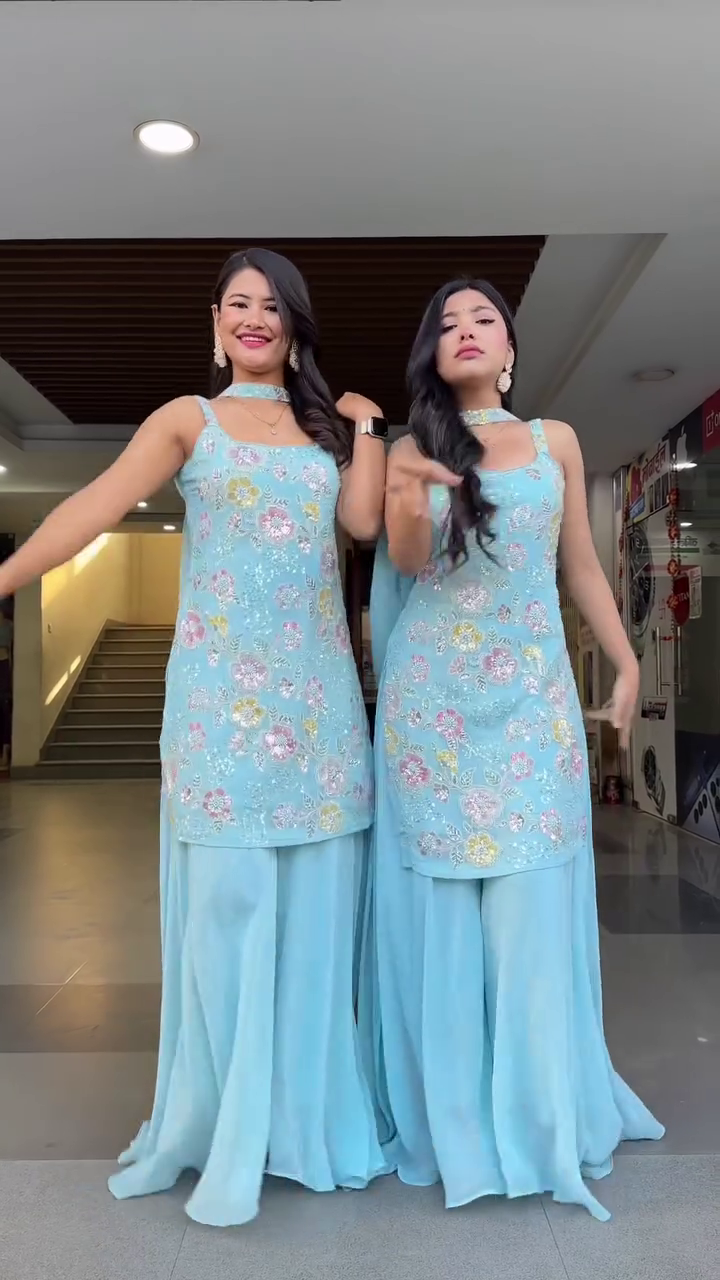 Elegant Sky Blue Embroidered Sharara Set – Graceful Festive Glamour