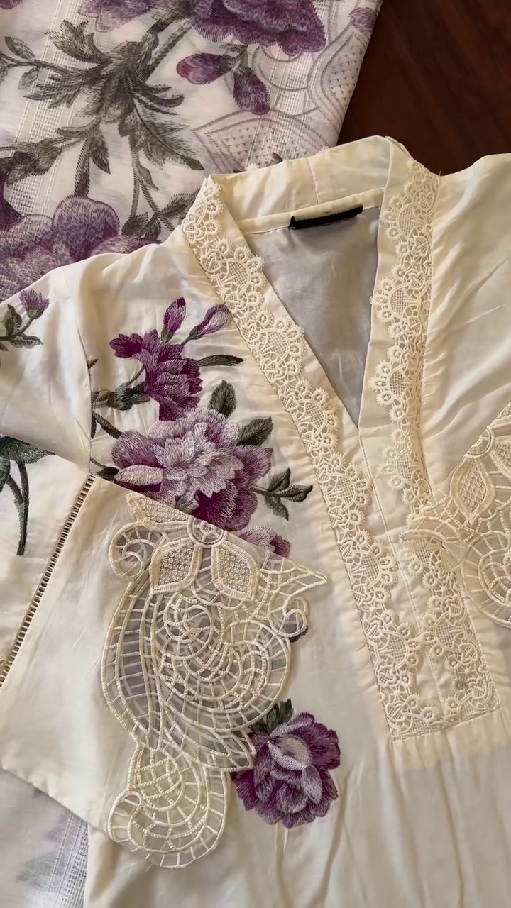 Cream Three-Piece Lawn Outfit with Purple Floral Embroidery & Lace – Elegant Summer Ensemble