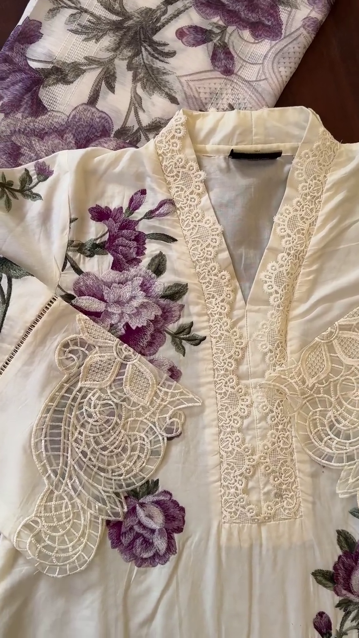 Cream Three-Piece Lawn Outfit with Purple Floral Embroidery & Lace – Elegant Summer Ensemble