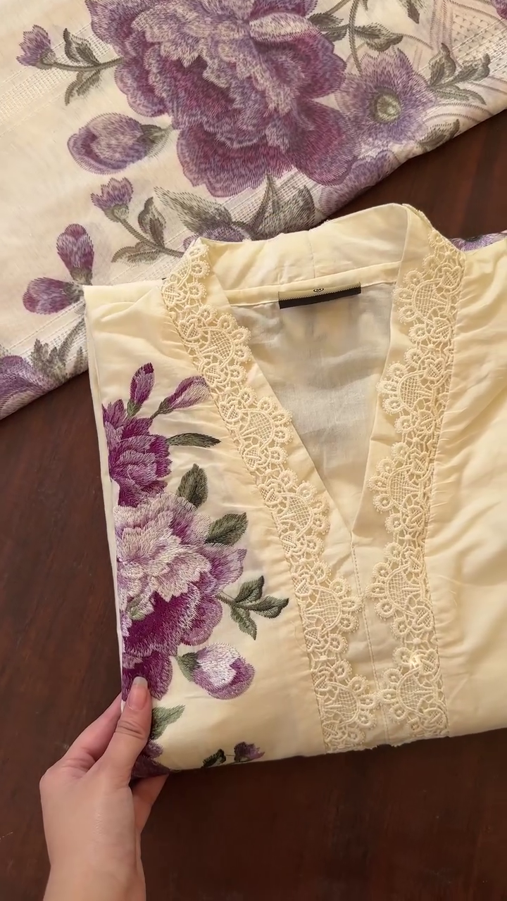 Cream Three-Piece Lawn Outfit with Purple Floral Embroidery & Lace – Elegant Summer Ensemble