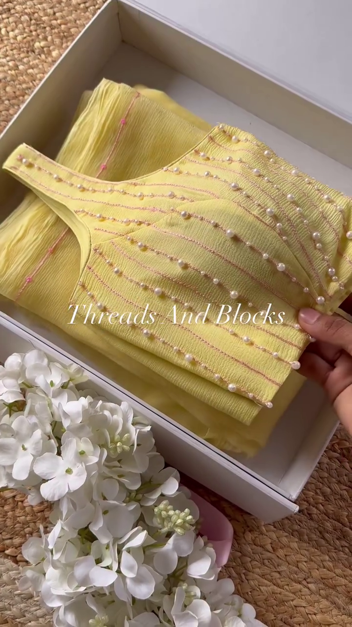 Light Yellow Chiffon Saree with Hand-Embroidered Heart-Shaped Floral Motifs & Matching Blouse – Elegant Festive Ensemble