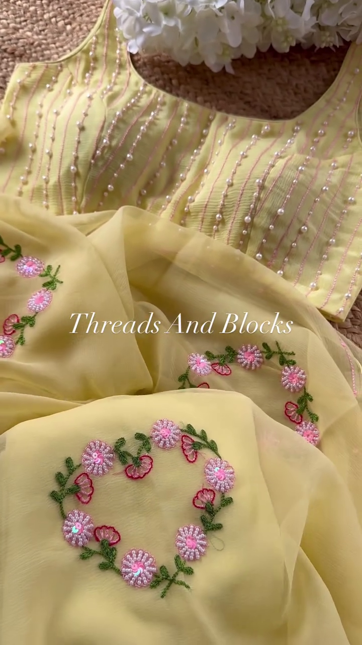 Light Yellow Chiffon Saree with Hand-Embroidered Heart-Shaped Floral Motifs & Matching Blouse – Elegant Festive Ensemble