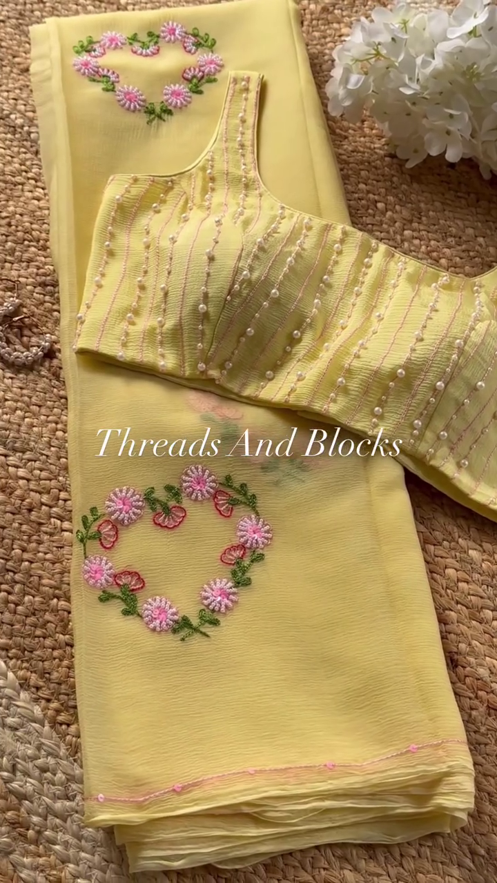 Light Yellow Chiffon Saree with Hand-Embroidered Heart-Shaped Floral Motifs & Matching Blouse – Elegant Festive Ensemble